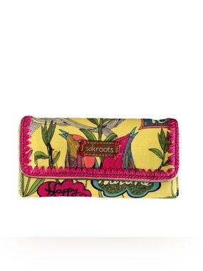 Sakroots Artists Circle Triflod Yellow Floral Bird Clutch with Hot Pink Trim